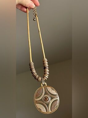 Golden & Bronze Beaded Embellished Brown Crystal Pendant / Medallion Necklace